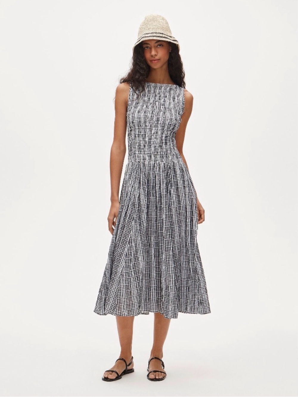 Jcrew Lina Black & White Gingham Smocked Midi Dress